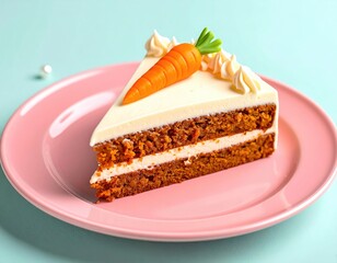 Carrot cake slice with carrot garnish on pink plate
