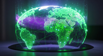 Glowing digital world map green energy renewable power wind turbine futuristic technology network connection sustainability environmental innovation global communication eco friendly