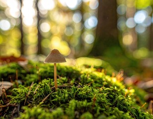 Mushroom on moss in a sun-dappled forest floor scene