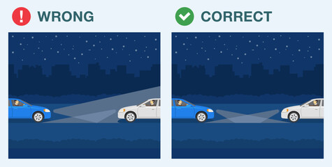 Safe driving tips and rules. Correct and wrong using low and high beam headlights. Side view of oncoming traffic. Flat vector illustration template.