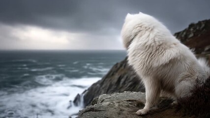 White dog sitting on a cliff overlooking the ocean under a cloudy sky