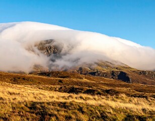 Misty mountain top beneath bright sky and yellow grasses
