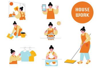 家事をする女性のイラストセット