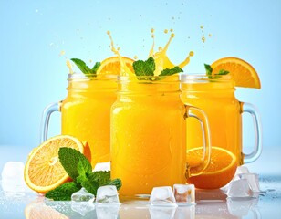 Orange juice splash in jars with ice and mint