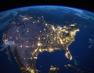 USA at night from space, illuminated cities