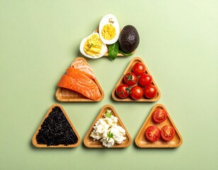 Food pyramid of healthy ingredients on green