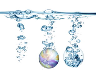 Spheres underwater with bubbles, showcasing a colorful swirling marble and clear orb