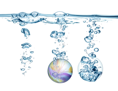 Spheres underwater with bubbles, showcasing a colorful swirling marble and clear orb