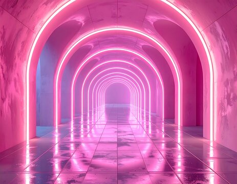 Futuristic tunnel bathed in neon pink light - Powered by Adobe