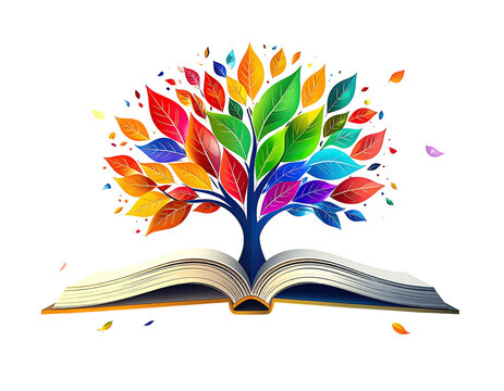 Vivid open book sprouting a vibrant tree with rainbow foliage on black background