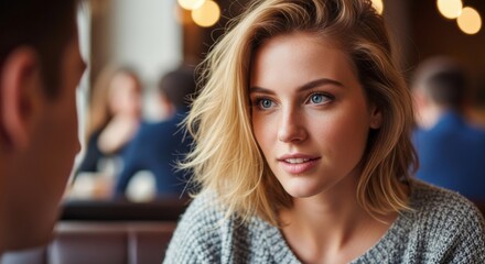 Engaging conversation between two people in a cozy cafe during the evening
