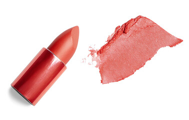 coral lipstick and smear isolated on white background