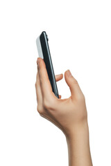 hand holding a smartphone on white background.