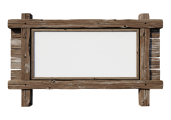 Rustic wooden signpost with a blank white message board, perfect for custom text or announcements, isolated on a clean white background