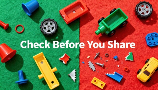 Child safety concept comparing safe toys and dangerous broken parts. A flat lay illustrating hazards and product recalls with the text 'Check Before You Share'