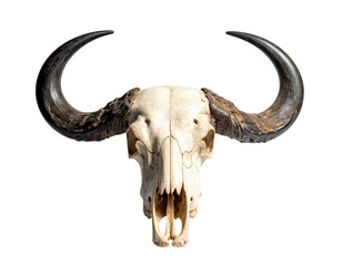 A bleached animal skull with curved horns, centered on black background