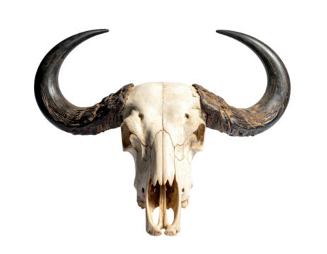 A bleached animal skull with curved horns, centered on black background