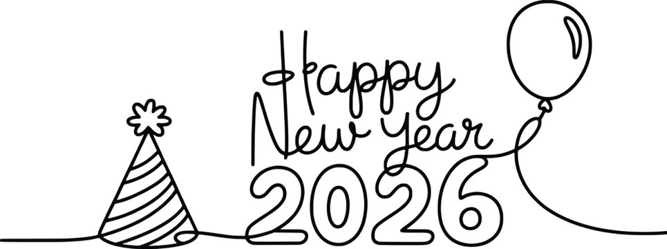 Happy new year 2026 minimalist line art celebration with party hat and balloon