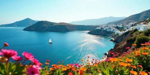 Serene Coastal Village with Vibrant Blooms and a Distant Sailboat under a Sunny Sky