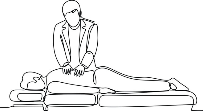 Therapist performing massage on patient lying on massage table detailed line art