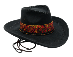 A black, wide-brimmed hat with a patterned band and chin strap
