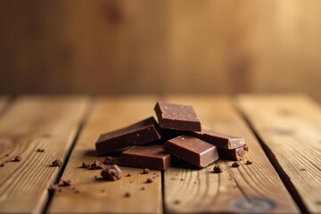 A delectable arrangement of milk chocolate squares rests on a rustic wooden surface, scattered with cocoa nibs, creating a tempting image of pure indulgence.