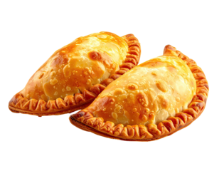 Two golden-brown, crimped-edge pastries sit on a transparent background
