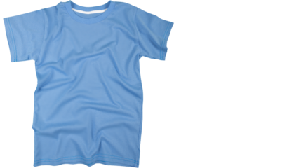 Plain blue T-shirt lying flat with natural fabric wrinkles, ideal for clothing mockups, apparel design presentations, fashion branding, and isolated product visuals.