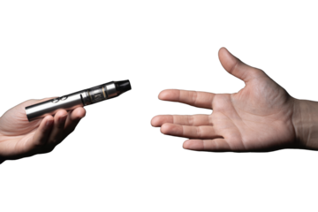 hand offering vape pen on white background.
