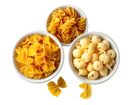 Three white bowls filled with various uncooked pasta shapes on black
