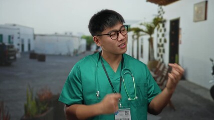 Young chinese man in green scrubs mimics playing guitar outdoors on a city street, blending humor with healthcare in an urban setting, surrounded by white buildings and plants.