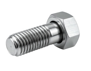 Shiny, metallic bolt with attached hex nut, screw threads visible against black