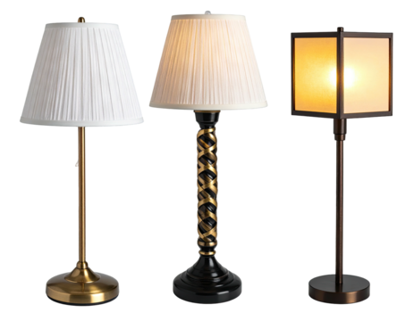Three elegant lamps with different shades and bases sit against a black backdrop