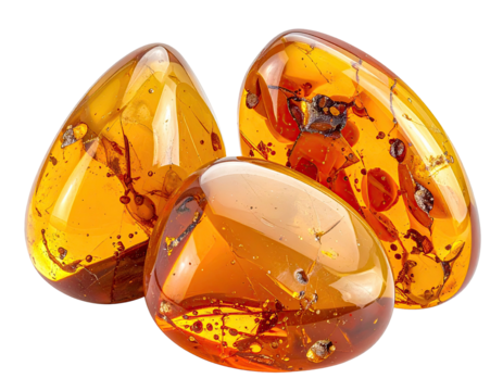 Three polished, translucent amber stones with inclusions, on black background