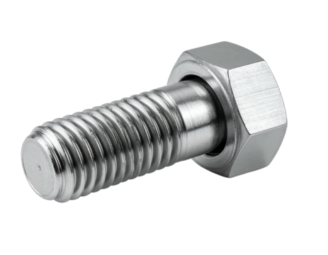 Shiny, metallic bolt with attached hex nut, screw threads visible against black