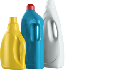 Colorful plastic detergent bottles representing household cleaning supplies, product packaging concepts and hygiene maintenance tools, isolated on transparent background, PNG.