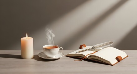 A cozy workspace setup featuring a lit candle, a steaming cup of tea or coffee, and an open notebook with a pen on a neutral background