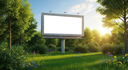 Rustic Outdoor Billboard Frame in Lush Green Meadow with Golden Hour Sunlight