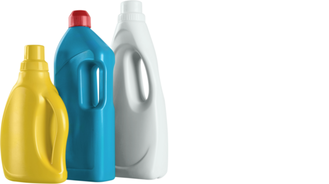 Colorful plastic detergent bottles representing household cleaning supplies, product packaging concepts and hygiene maintenance tools, isolated on transparent background, PNG.