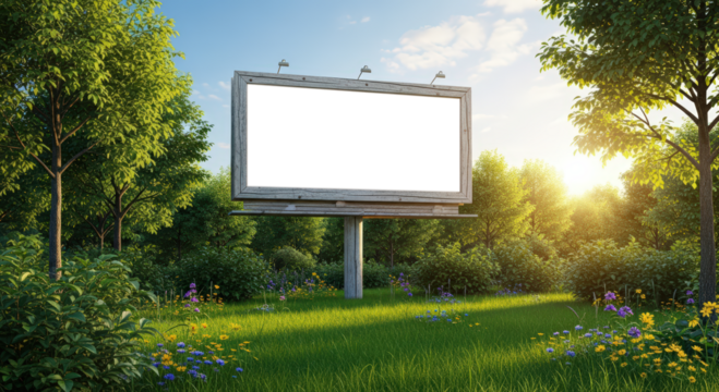 Rustic Outdoor Billboard Frame in Lush Green Meadow with Golden Hour Sunlight