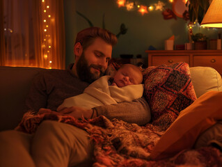 Father sleeping on couch with newborn baby in cozy room
