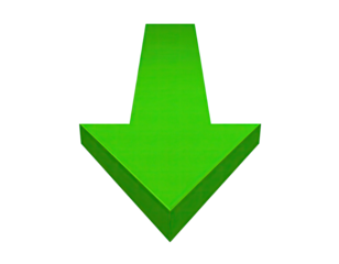 A bright green arrow, pointing downwards, with a slight three-dimensional effect against black