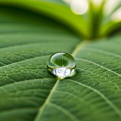 A close-up view of a single water droplet resting on the textured surface of a vibrant green leaf, with a blurred background of natural foliage and sunlight filtering through