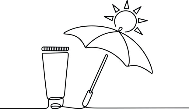 Sun protection symbols sun umbrella and sunscreen tube line drawing isolated on white