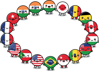 Obraz premium Oval arrangement of cartoon country flags on round objects