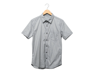 A short-sleeved, button-down, gray shirt hangs from a wooden clothes hanger