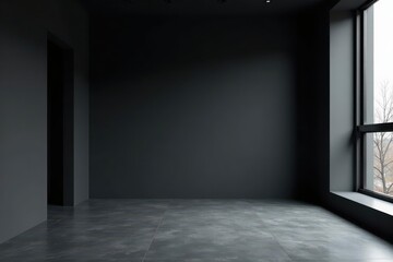 A Dark, Minimalist Room Interior with a Large Window Offering Natural Light and a View