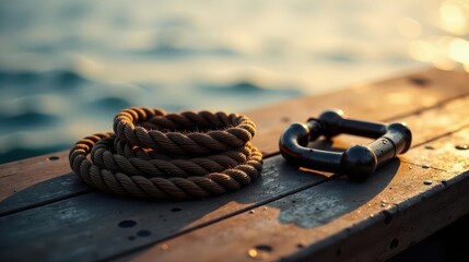 Golden Hour Maritime Accoutrements A Coil of Ship Rope and a Metal Shackle Resting on a Weathered Wooden Dock