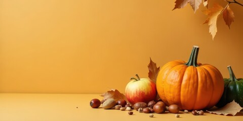 Autumnal Still Life Featuring a Pumpkin, Apple, and an Assortment of Nuts Against a Warm Yellow Background