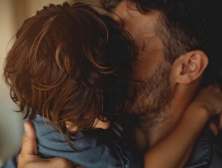 Father hugging young child indoors with tender affection